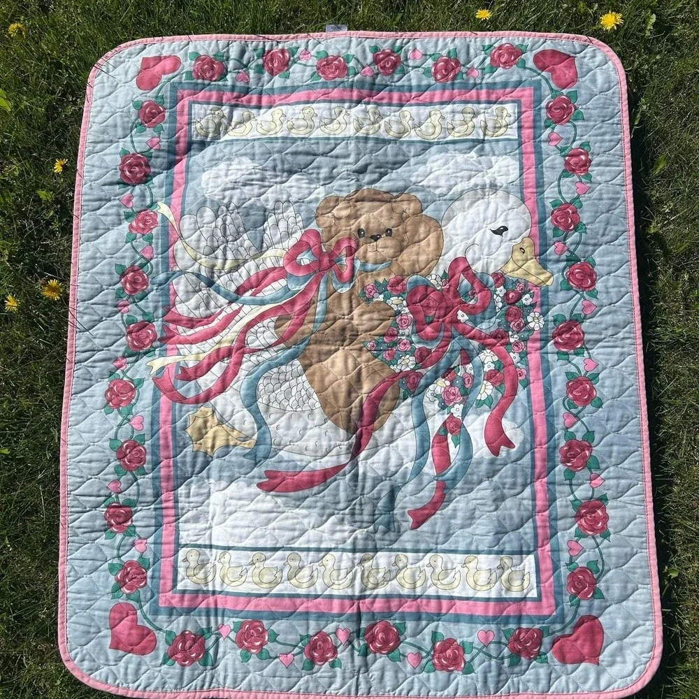 Vintage Daisy Kingdom Goose Bear Ducks Baby Blanket Quilted 35